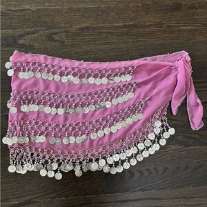 Pink Bellydancing Dance Scarf with Shimmering Silver Coins and Beadwork Trim